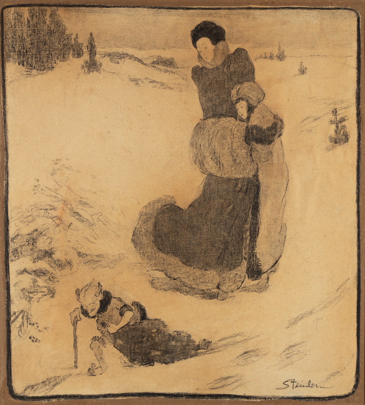THÉOPHILE-ALEXANDRE STEINLEN (1859-1923) Startled by a Troll in a Snow-Covered Field.